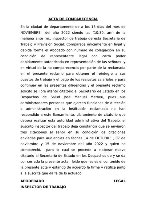 ACTA DE Comparecencia Copia Derecho Laboral UNAH Studocu