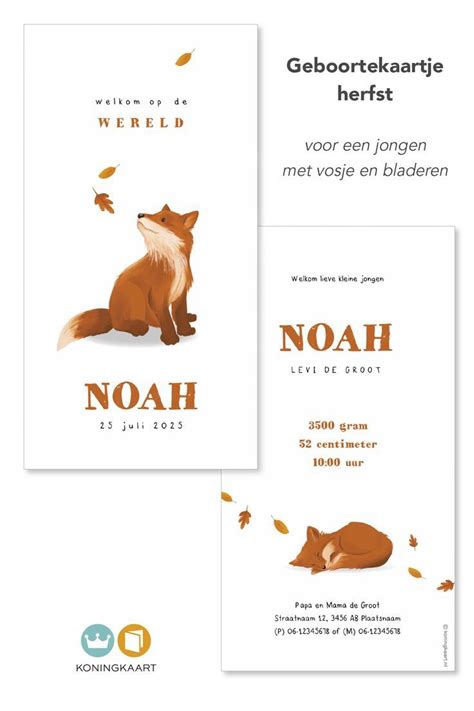 Lief Herfst Geboortekaartje Met Vosje En Blaadjes Voor Een Jongen