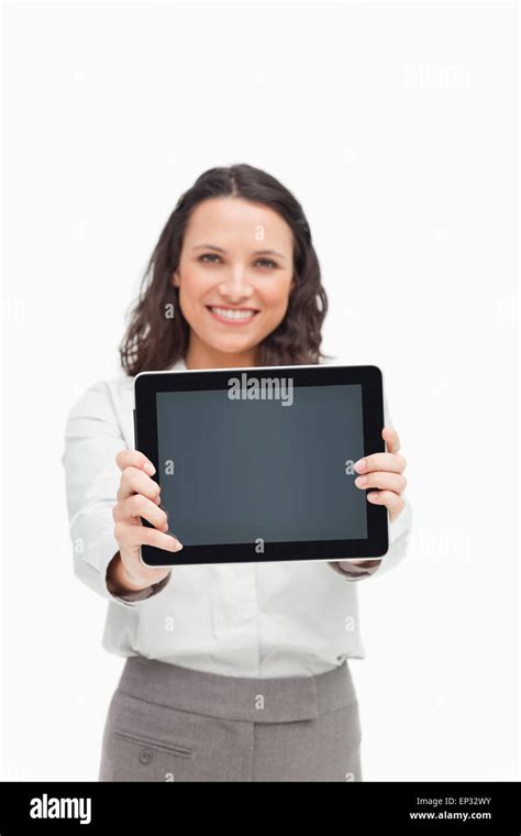 Portrait Of A Brunette Showing A Touchpad Screen Stock Photo Alamy