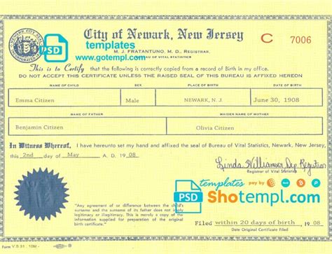 USA New Jersey state birth certificate template in PSD format, fully editable | Oxtempl- we make ...