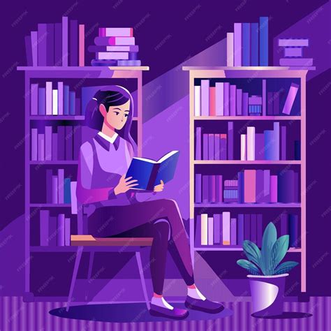 Premium Vector A Woman Reading A Book In A Room With A Book On The Shelf