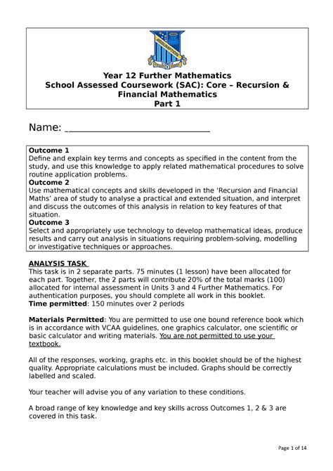 Recursion And Financial Maths Sac Year Further Mathematics School