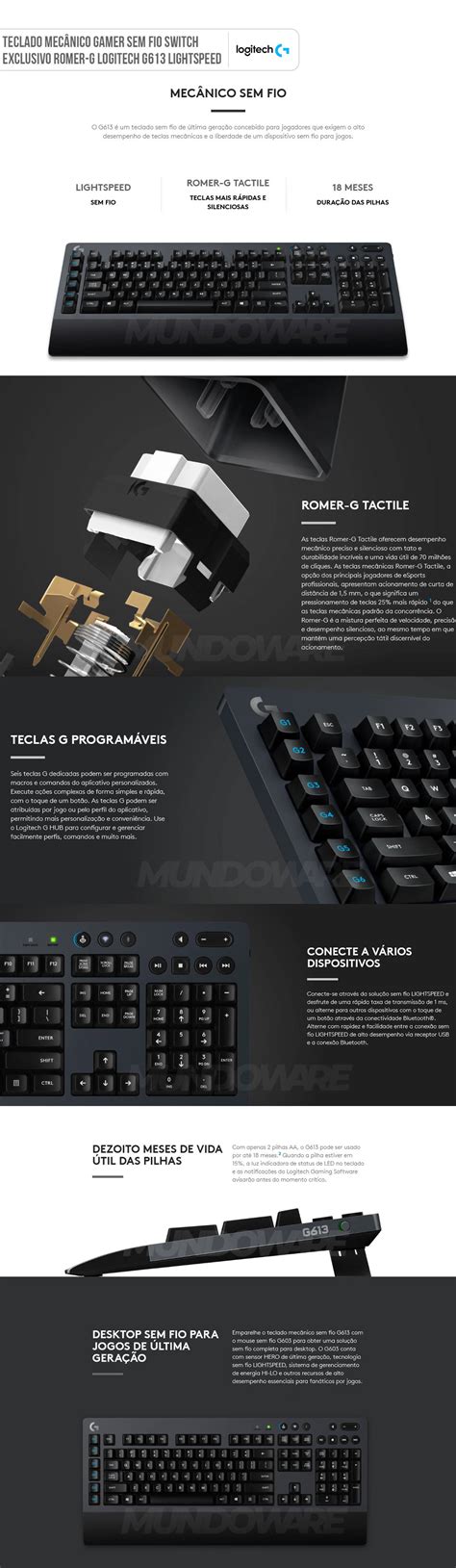 Teclado Gamer Sem Fio Mecânico Logitech G613 Switch Romer G Mundoware