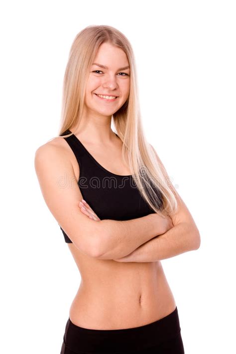 Fitness Woman Portrait Isolated On Black Background Smiling Hap Stock