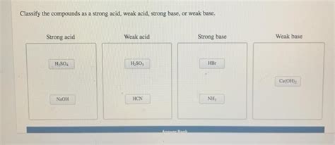 Solved Classify The Compounds As A Strong Acid Weak Acid Chegg