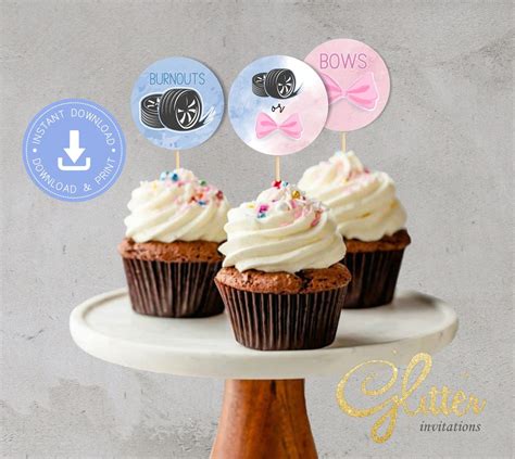 Burnouts Or Bows Blue And Pink Gender Reveal Cupcake Toppers Instant