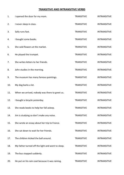 Transitive Intransitive Verbs Worksheet