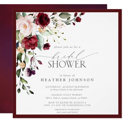 Elegant Burgundy Floral Watercolor Bridal Shower Invitation