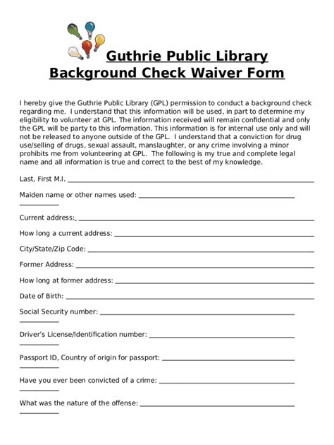 Background Check Waiver Guthrie Public Library Doc Template Pdffiller