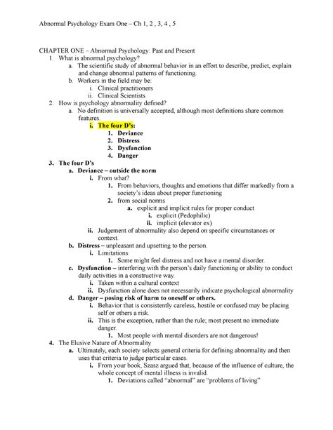 Abnormal Psychology Exam One Study Sheet CHAPTER ONE Abnormal