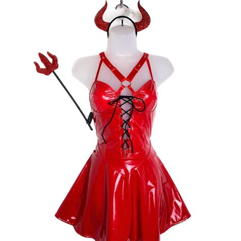 Dolls Kill Dresses New Lace Up Corset Vegan Leather Latex Red Devil Halloween Costume Set