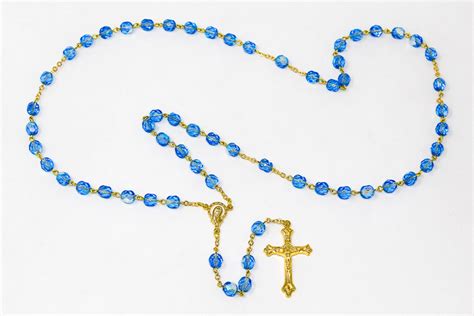 DIRECT FROM LOURDES - Gold Virgin Mary Blue Crystal Rosary Beads.