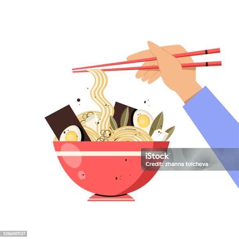 Ilustrasi Vektor Datar Dengan Mangkuk Mie Ramen Telur Wakame Tahu Dan