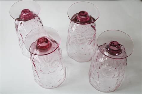 Heather Pink Glass Mod Vintage Drinking Glasses Set Driftwood Crinkle