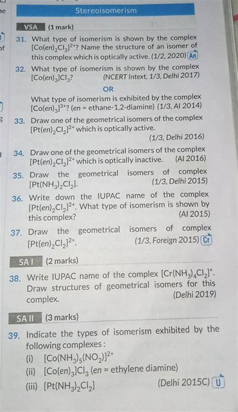 StereoisomerismVSA 1 Mark 31 What Type Of Isomerism Is Shown By The C