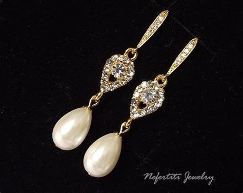 Gold Wedding Bridal Earrings Crystal Pearl By Nefertitijewelry2009 38