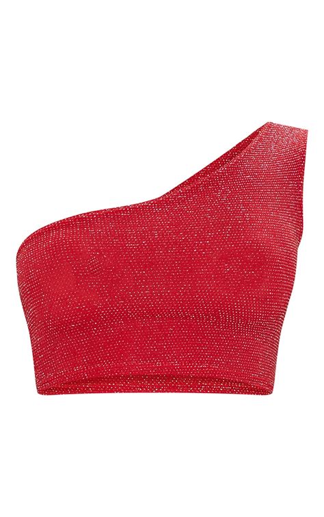 Red Glitter One Shoulder Crop Top Tops Prettylittlething Usa