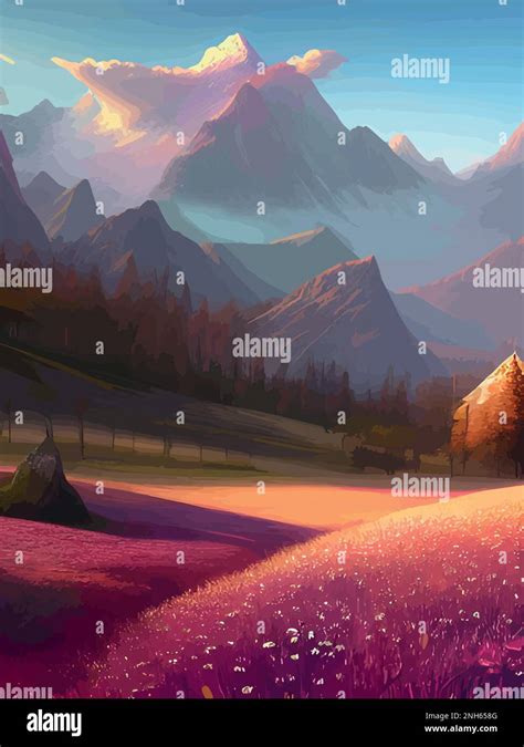 Spring Landscape With Trees Mountains Fields Leaves Vector