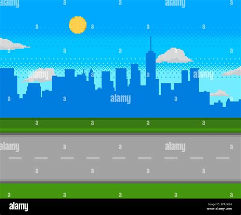 Pixel art game road with city on background Stock Vector Image & Art ...