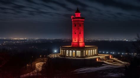 Premium Ai Image A Lighthouse Lit Up With Red Lights On The Top Of It