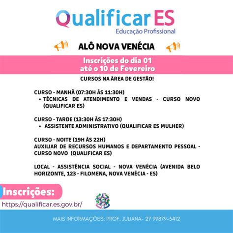 Vagas Abertas Para Cursos Do Qualificar Es Em Nova Venécia Prefeitura