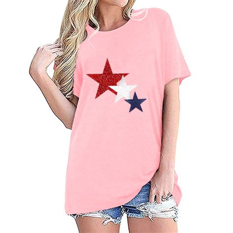 American Flag Red White Blue Stars Glitter Shirt Women Short Sleeve