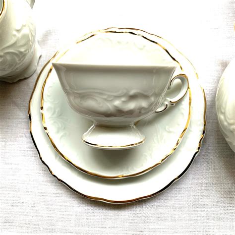 White and Gold Rim Tea Set, Porcelain Trio, Cup Saucer and Dessert ...