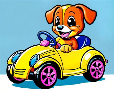 Cartoon Happy Comic Puppy Dog Yellow Toy Car Driver Stock Illustration