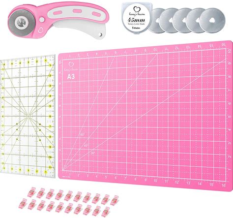 Pink Rotary Cutter Set - Quilting Kit incl. 45mm Rotary Cutter, 5 Replacement Rolling Blades ...