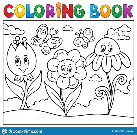 Livro De Cores Flores De Desenho Animado Felizes Imagem 1 Ilustração Do Vetor Ilustração De