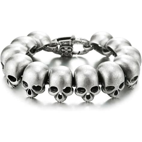 Biker Bracelet Homme Grand Crâne en Acier Inoxydable Tête de Mort