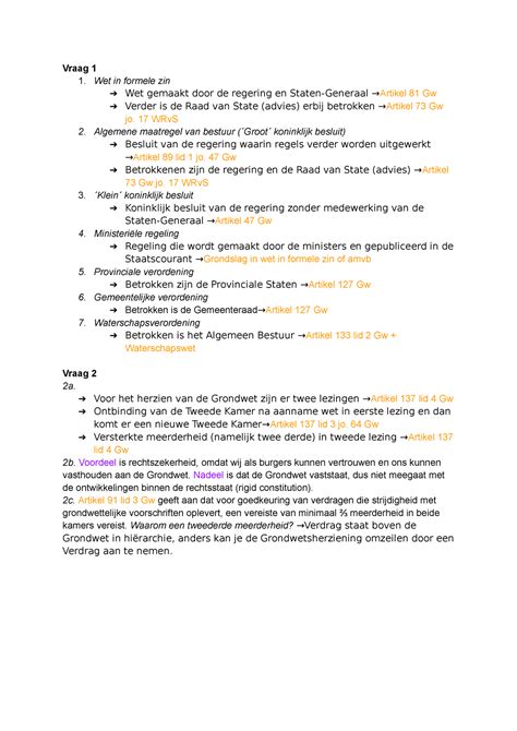 Beginselen Staatsrecht Voorbereidingsvragen Week Vraag Wet In