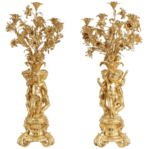 Pair Of Candelabra In The Style Of Louis Xv In Gold Gilt Bronze Th