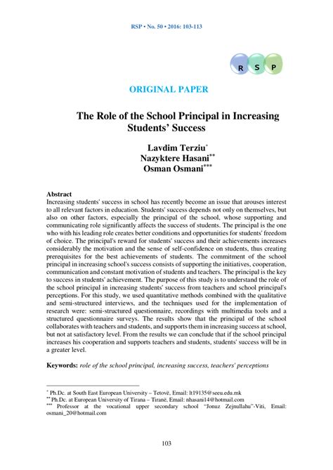 (PDF) The Role of the School Principal in Increasing Students’ Success 