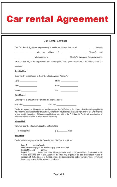 Motor Vehicle Rental Agreement Template