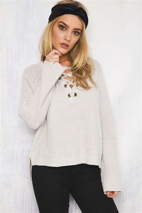 Vintage Lace Up Nude Thin Sweater Women Autumn Winter Loose Knitted V