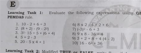 Learning Task Evaluate The Following Expression Using Gemdas Or