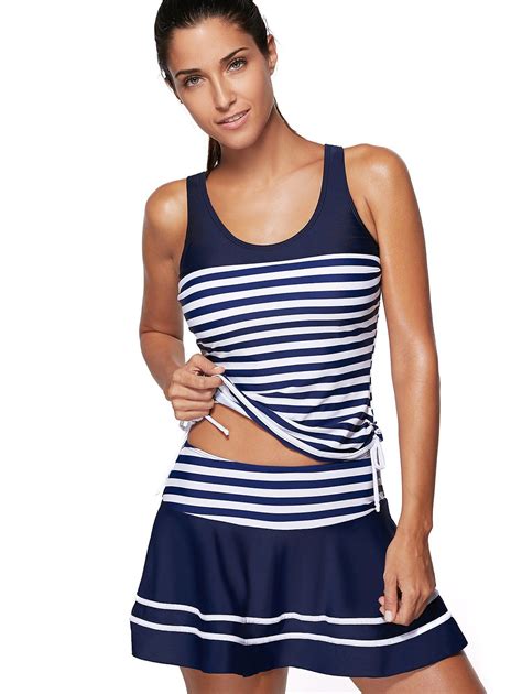 [41 Off] 2021 Striped Padded Racerback Skirted Tankini Swimwear In