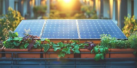 Solar Panels with Plants in a Rooftop Garden at Sunset Stock Image ...