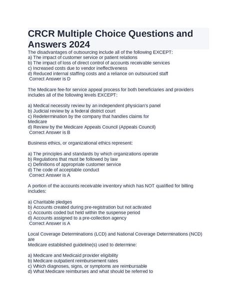 Crcr Multiple Choice Questions And Answers 2024 Exams Nursing Docsity