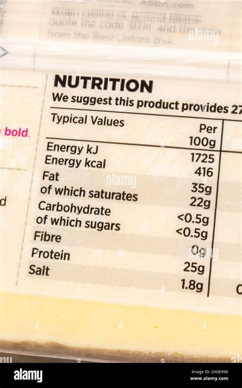 Close Up Nutrition Label On Plastic Wrapper Of Asda Own Label Mature