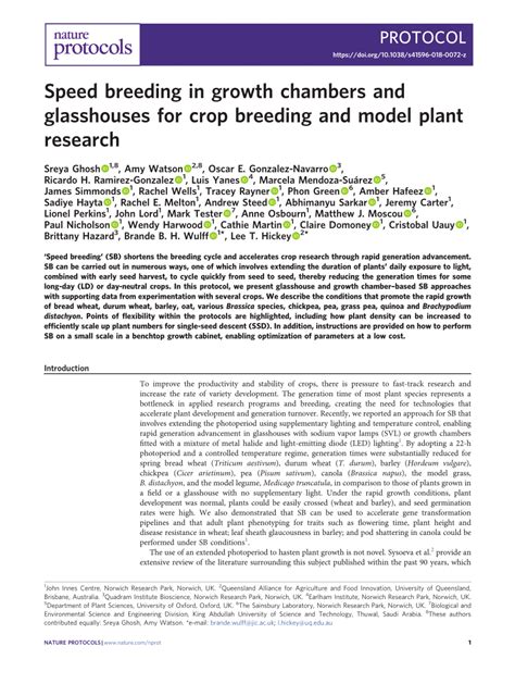 Pdf Speed Breeding In Growth Chambers And Glasshouses For Crop