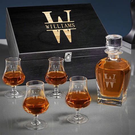 Etched Whiskey Decanter Set With Square Rocks Glasses Oakmont