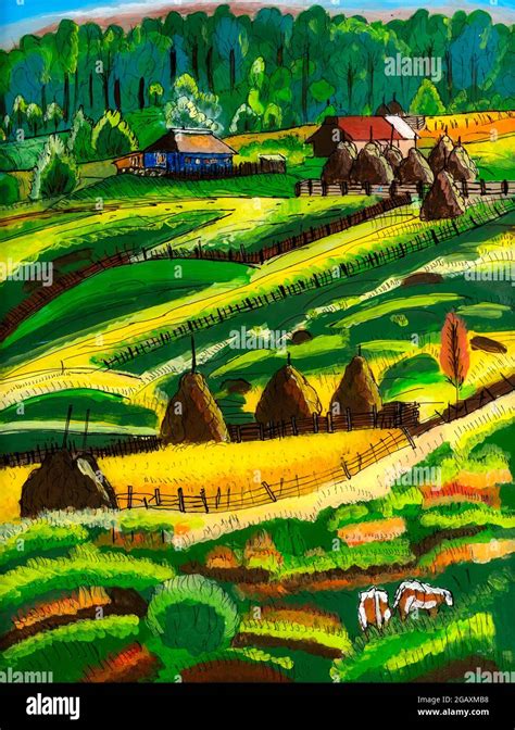 Reverse glass painting of a country farm in Maramures region of Romania ...