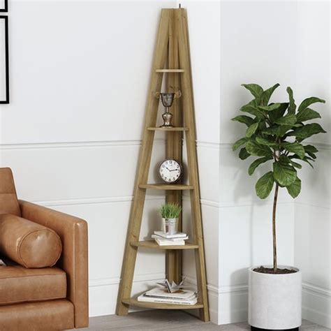 Tarvie Corner Wooden Ladder Style Shelving Unit In Oak Furniture In