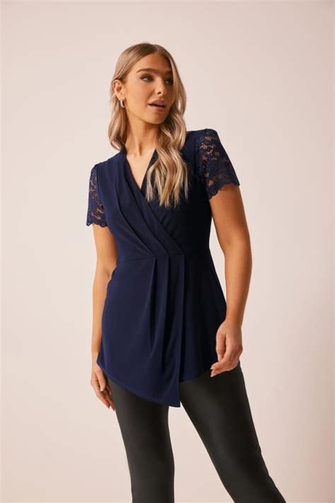 M Co Navy Blue Lace Sleeve Asymmetric Wrap Top M Co