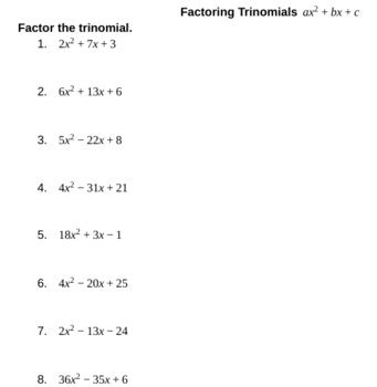 Factoring Trinomials Ax Bx C Worksheets Library