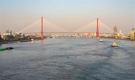 Yangpu Suspension Bridge Across River Huangpu in Shanghai Stock Photo ...