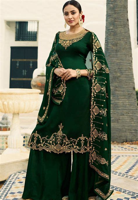 Dark Green Satin Georgette Embroidered Sharara Style Pakistani Suit 16206