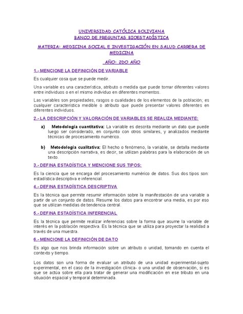 Banco DE Preguntas Bioestadistica UNIVERSIDAD CATÓLICA BOLIVIANA